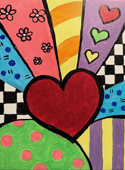 “Beautifully Britto” is an example of a painting for a class! We learn how to sketch a composition, apply color harmony and achieve value!